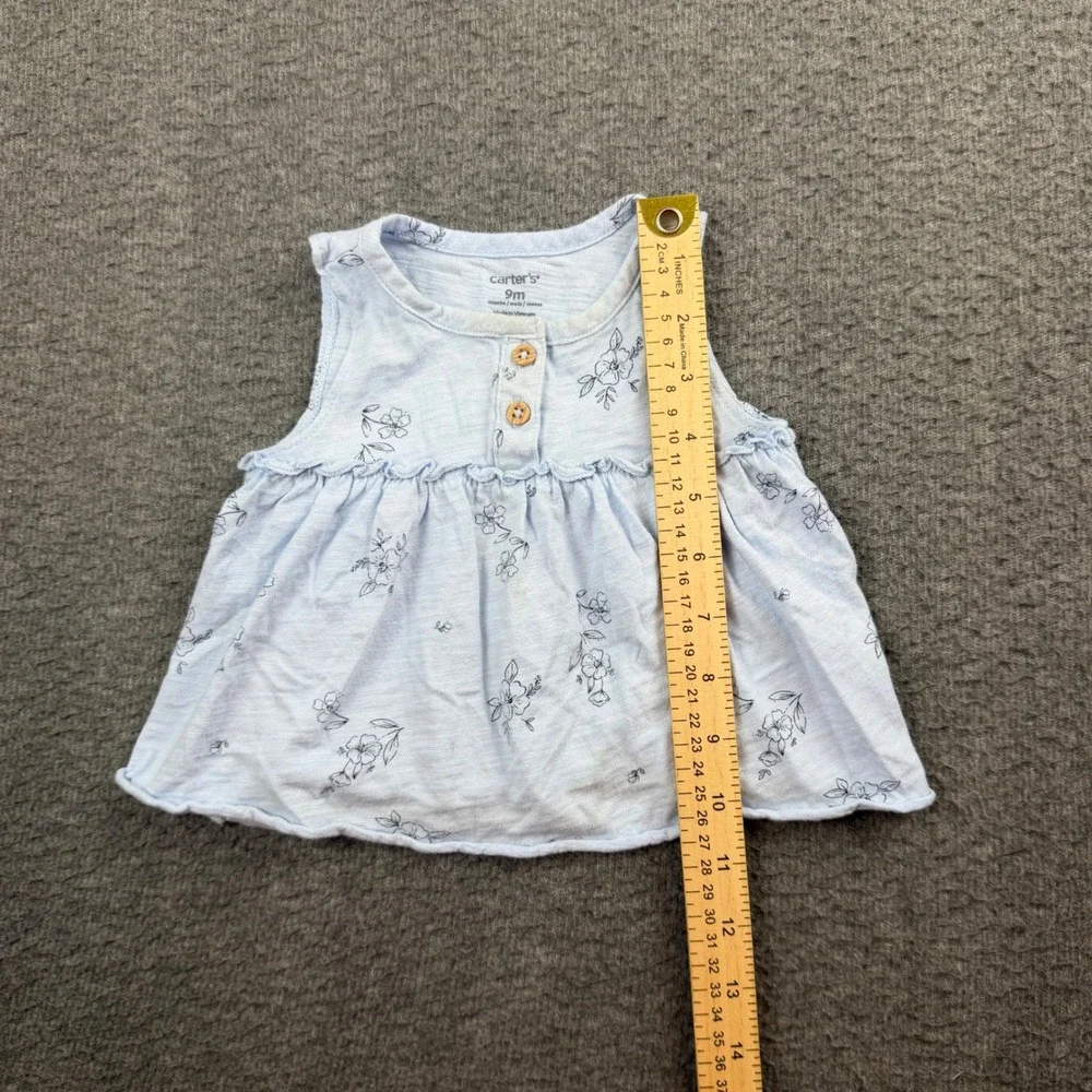 Carter's Floral Sleeveless Top Baby Girl 9M Blue Henley Ruffle Babydoll Shirt‎